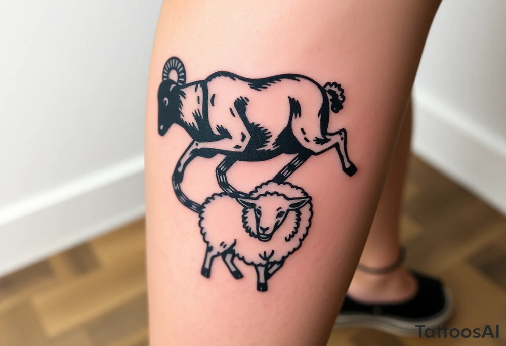 Black sheep with muscles breaking out of chains 
Calf tattoos walking over white sheep tattoo idea