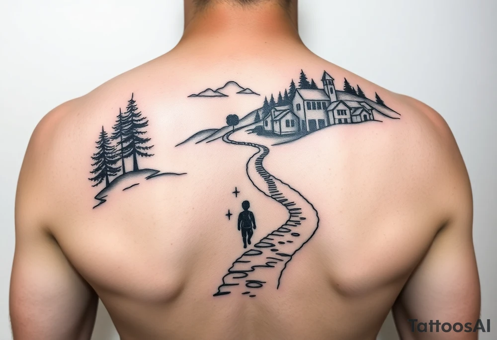 tattoo design for shoulder: path beginning in the bottom end and winding upwards. The first third starting at the bottom. On the left are a few trees and on the right side a village and a school. A child is walking the path. tattoo idea