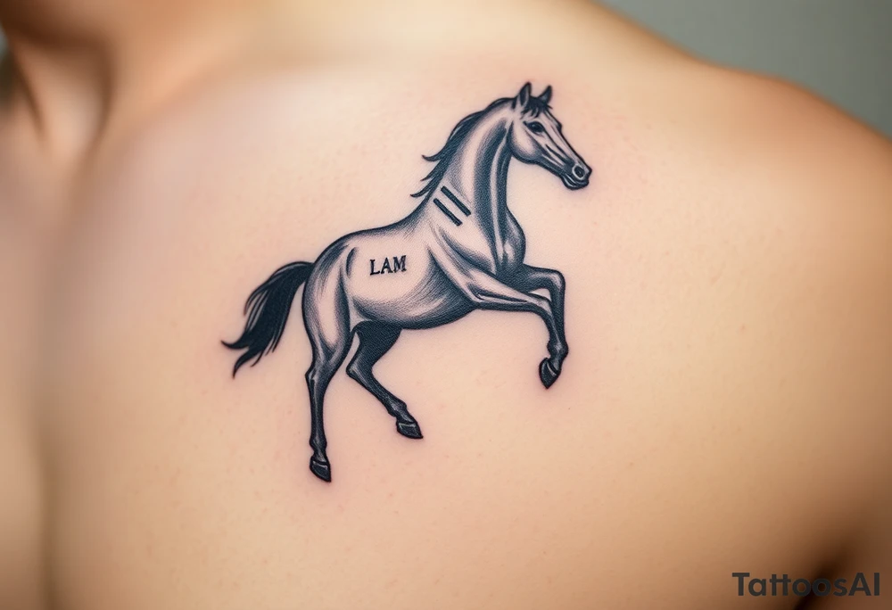 horse silhouette 
from the front which gallops from the front, with the 3 small letters discreetly integrated: L, A, M tattoo idea