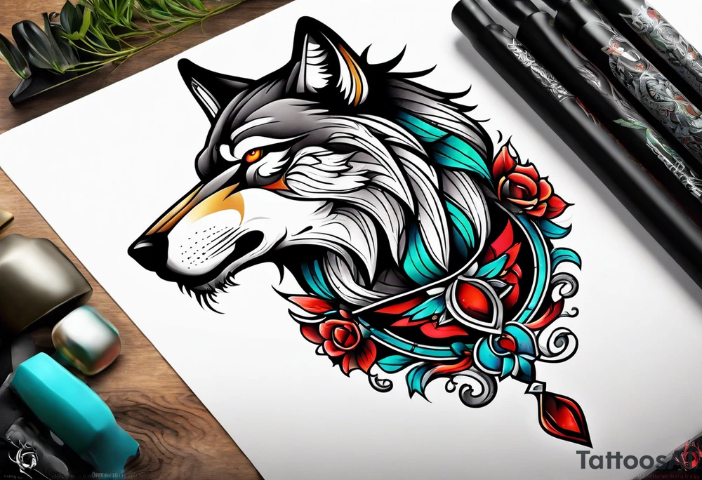 Neo traditional wolf head tattoo idea