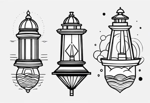 farol iluminado um pouco geometrico, com a luz acesa em um mar agitado, com linhas bem finas e delicadas e bordas limitadas tattoo idea