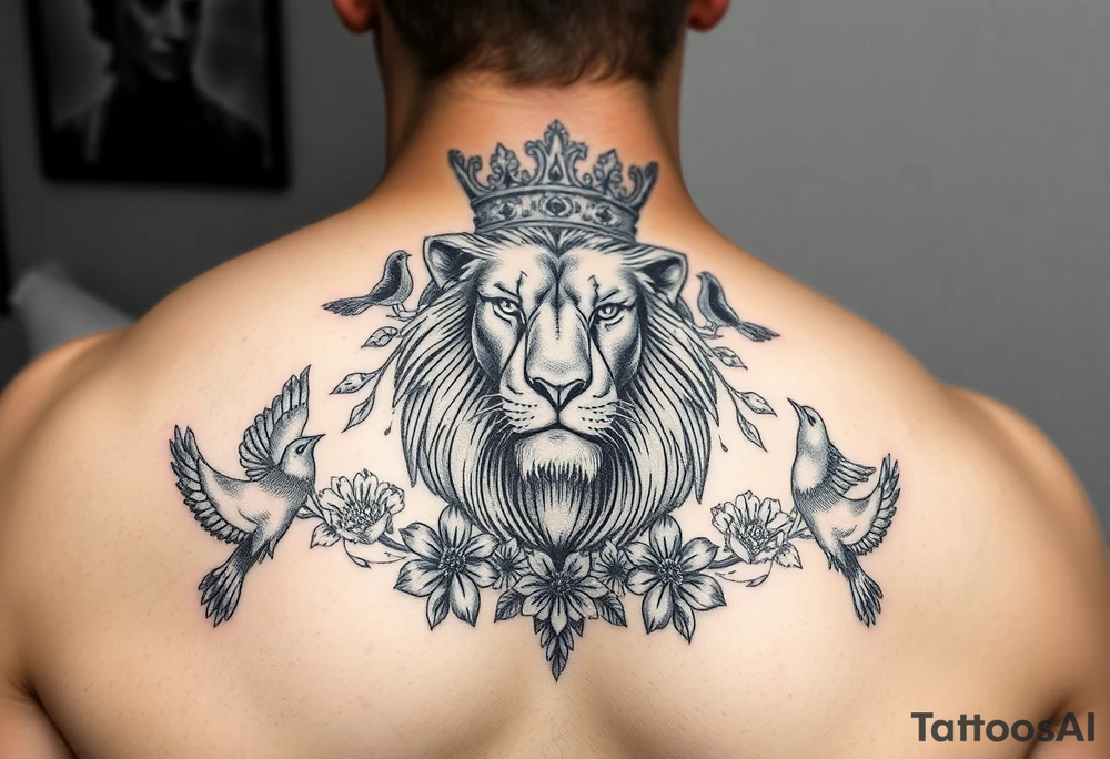 powerful majestic lion with a crown, surrounded by floral ornaments and birds tattoo idea