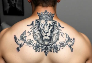 powerful majestic lion with a crown, surrounded by floral ornaments and birds tattoo idea