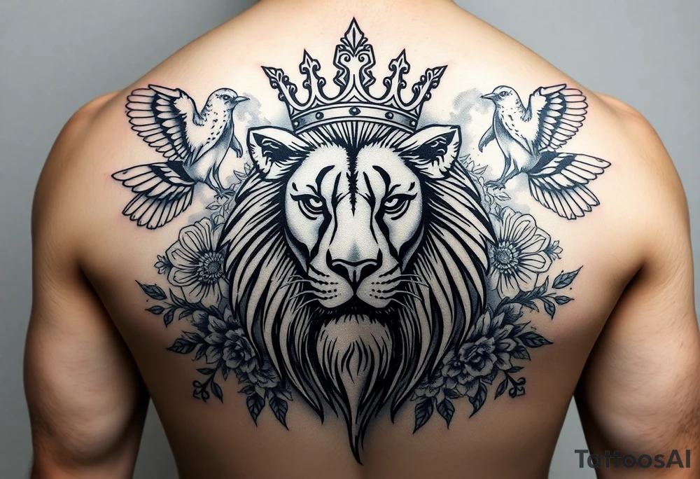 powerful majestic lion with a crown, surrounded by floral ornaments and birds tattoo idea