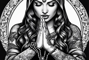 A woman’s praying hands holding a rosary catholic style tattoo idea