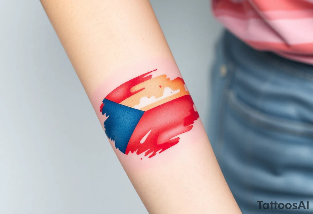 A stylized Czech flag in brushstroke style, with a hand-painted aesthetic and dynamic motion tattoo idea