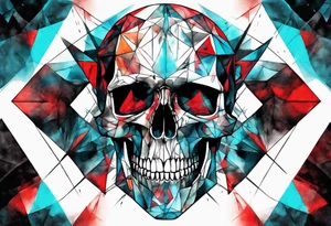 Modern and futuristic skull, with poems of a deadline Man, prism light reflection, black, red and cyan, abstract, geometric, fractal chaos tattoo idea