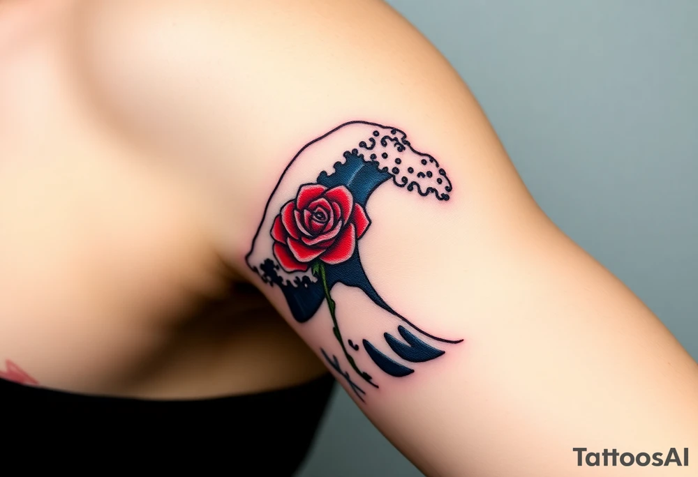 The Great Wave off Kanagawa incorporate a red rose with a stem on the side of the wave tattoo idea