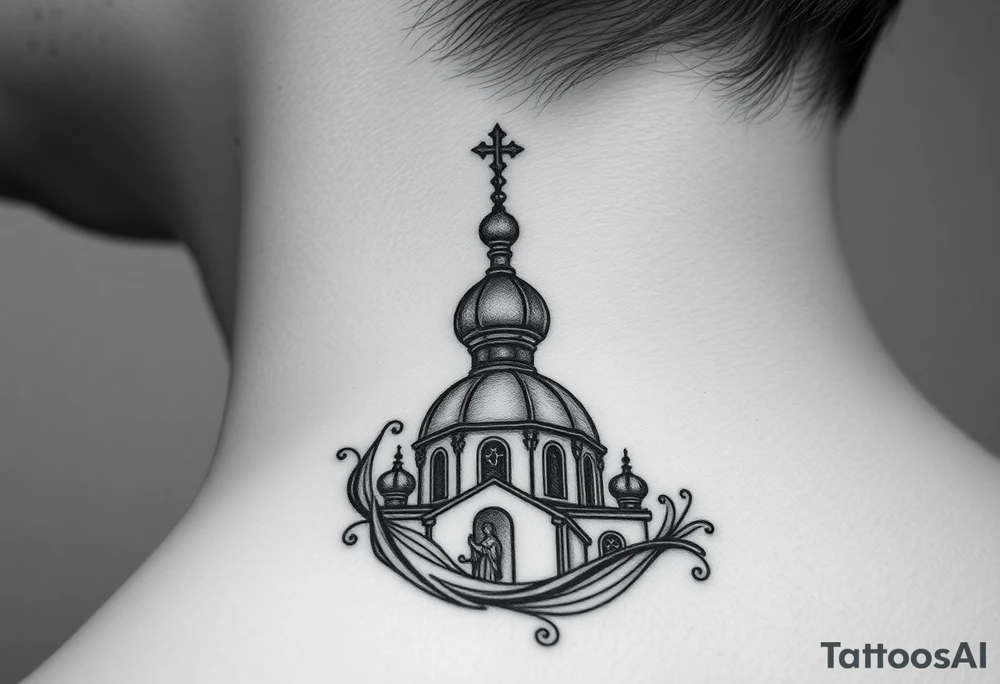 Flowing Scene

A onion dome orthodox church
Virgin Mary in prayer pose wrapping around the lower neck curve
A small double headed russian coat of arms eagle or just the star tucked above the dome near the hairline tattoo idea