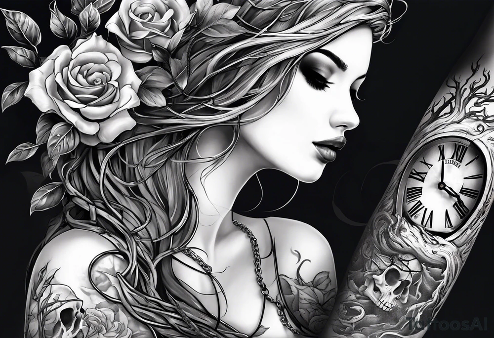 tattoo fool sleeve, tree roots break out of the chains, broken mask, clock with flying numbers, girl, skull, roses tattoo idea