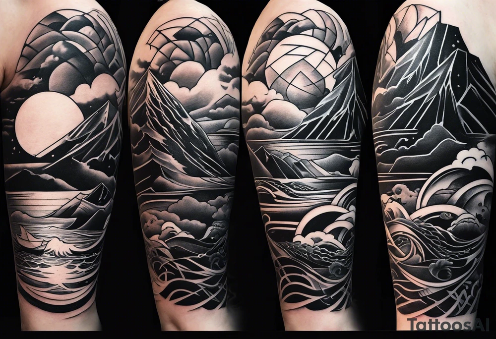From left shoulder to forearm sleeve tattoo. Fine line geometric, concept design tattoo, ocean thunder fire nature, viking tattoo idea