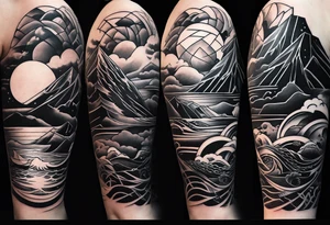 From left shoulder to forearm sleeve tattoo. Fine line geometric, concept design tattoo, ocean thunder fire nature, viking tattoo idea