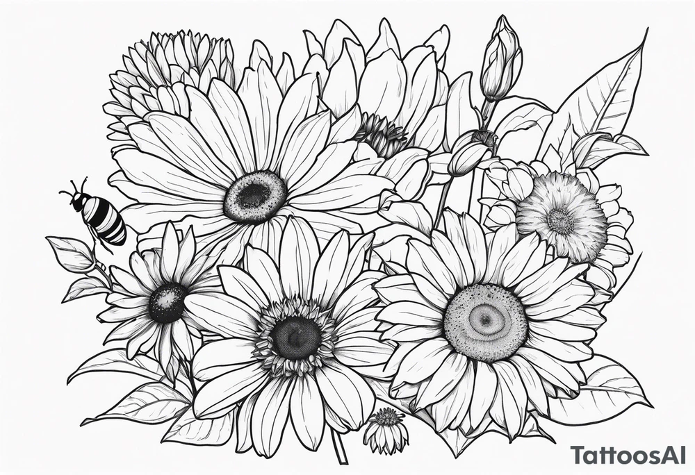 fine line drawing of gerber daisy lilies and sunflowers with a bee and a lady bug tattoo idea