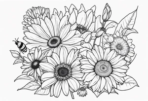 fine line drawing of gerber daisy lilies and sunflowers with a bee and a lady bug tattoo idea