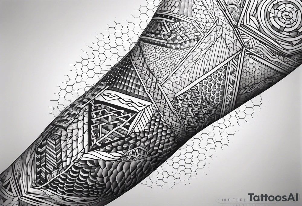 Honey comb full leg sleeve male geometric tattoo idea