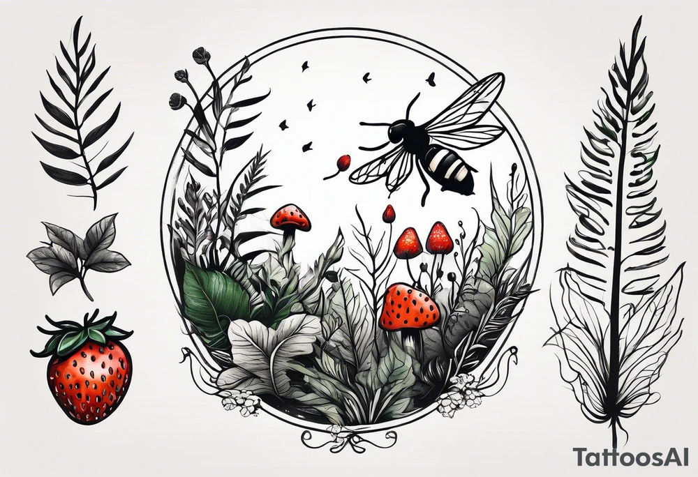 forest floor inspired minimalist tattoo, which includes grass, curly ferns and dead leaves as the bulk of the tattoo. details to include: three very tiny strawberries, a tiny bumblebee flying nearby, three small brown mushrooms tattoo idea