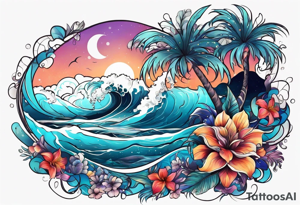 sea,, night, flower, palm, tattoo idea