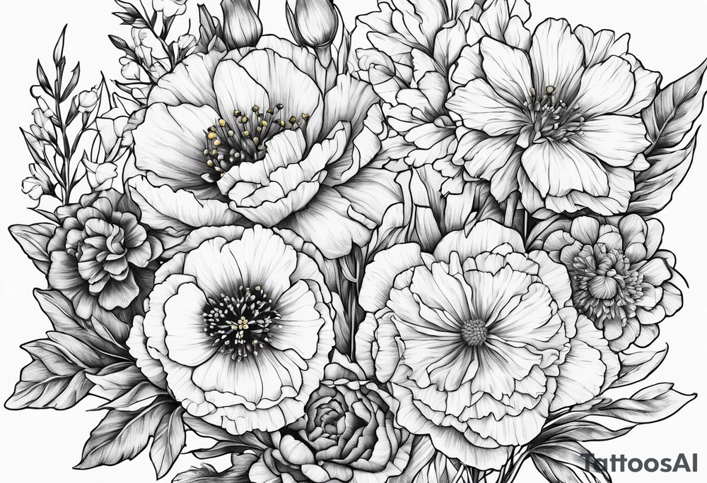 Carnations, aster, daffodil, poppy, hawthorn, larkspur tattoo idea