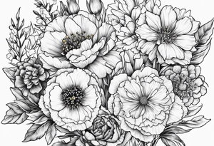Carnations, aster, daffodil, poppy, hawthorn, larkspur tattoo idea