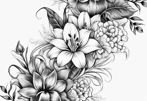 Vertical floral arm sleeve with wheat and dragonflower and florals and tulips lilly orchid tattoo idea