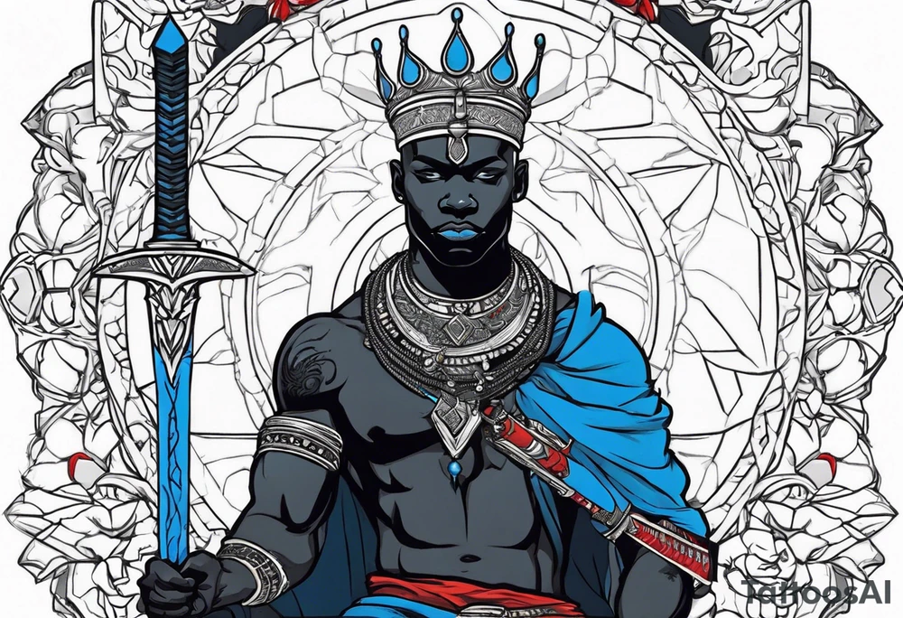 An african god, a bald black-skinned warrior, that uses a sword and a silver crown. He also uses blue and red necklaces tattoo idea
