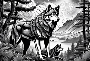 Powerful storm with wolf and forrest tattoo idea