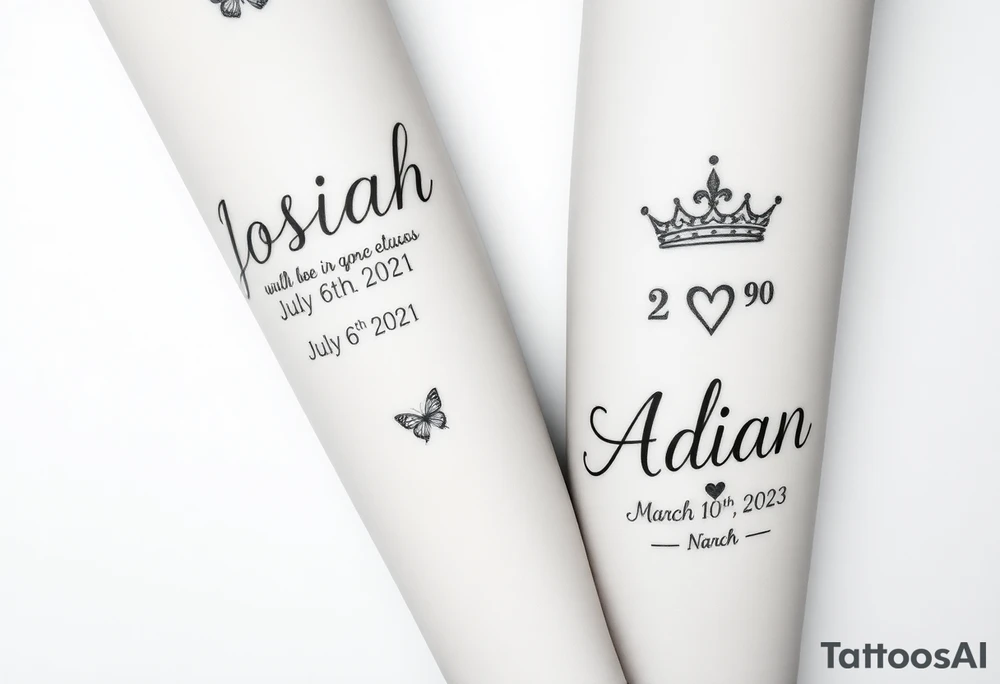 Feminine womens tatto that starts as sleeve and goes down to ankle and in tattoo the names JOSIAH in cursive written with the date July 6th 2021 in roman numerals AND NEXT TO NAME A PRINCE CROWN and butterfly's and the cancer zodiac number in between with the capricorn sing in between and hearts and the next part lower part of tatto the name ADIAN WITH THE DATE March 10th 2023 IN ROMEN NUMERALS WITH A SMALLER PRINCE CROWN THEN THE JOSIAHS CROWN AND THEN LITTLE BUTTERFLYS WITH THE PACIES ZODIAC SING IN AND THE CAPRICORN ZODIAC SIGN BOTH SMALL AND IN BETWEEN THE BUTYERFLYS AND HEARTS MAKE IT MIX TOGTHER DO THE SAME WITH THE CANCER AND CPROCORN SIGN ABOVE tattoo idea