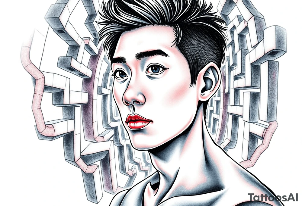 Handsome Asian young guy lost in labyrinth tattoo idea