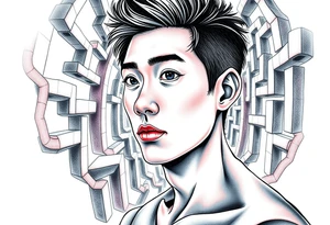 Handsome Asian young guy lost in labyrinth tattoo idea