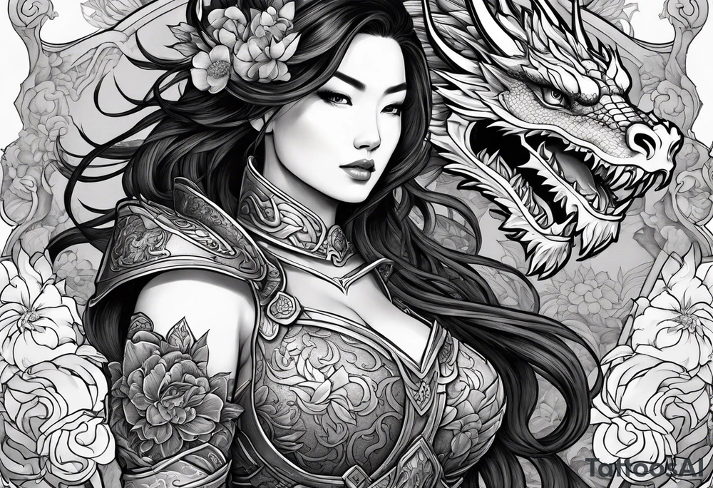 beautiful warrior woman wearing dragon armor and a floral background and a dragon a full picture tattoo idea