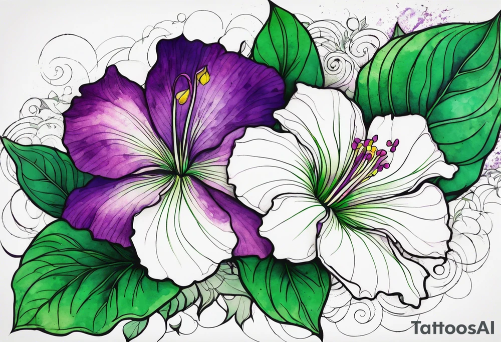 A mystical outline of a green and purple rio dipladenia flower and a green and purple watercolor splash in the background tattoo idea