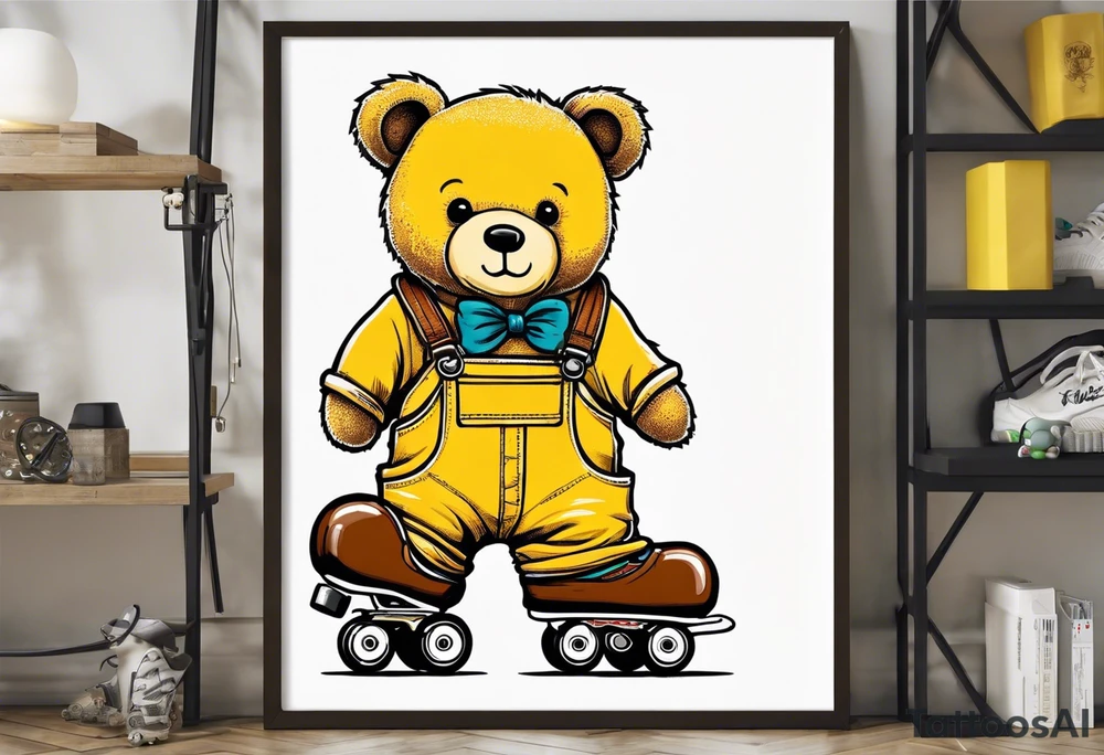the back of one standing, skinny, brown ,
teddy bear in long, yellow overalls and white roller skates on his feet tattoo idea