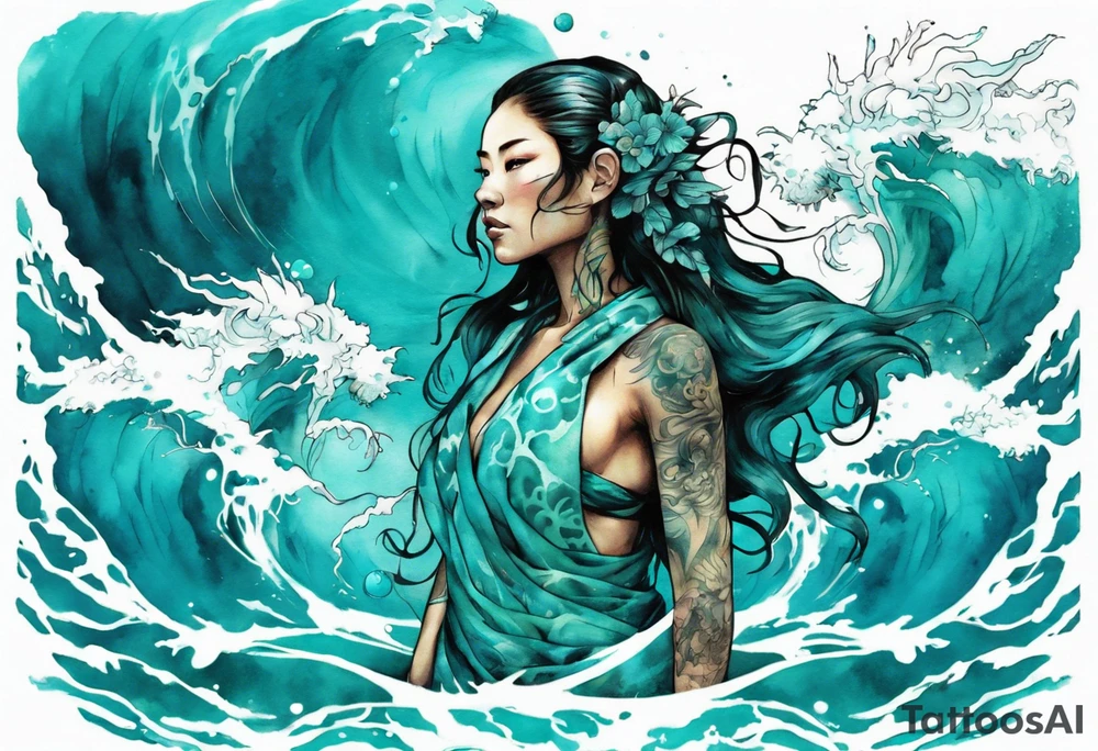 a turquoise Na'vi woman standing in the sea surrounded by crashing waves tattoo idea