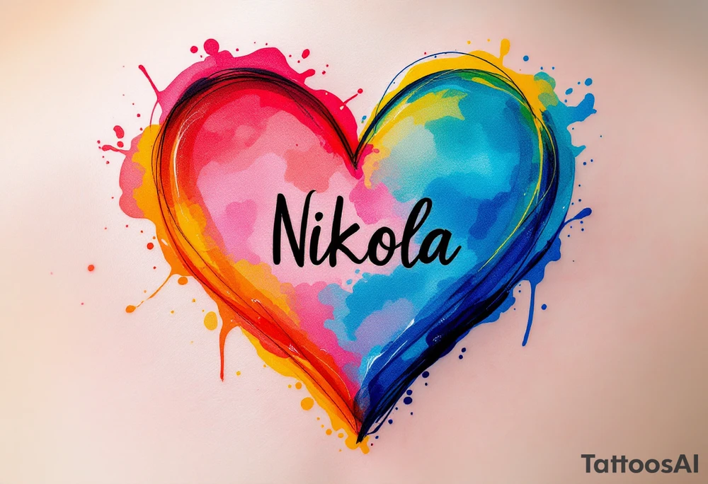 A colorful splashed heart, with vibrant hues of red, pink, blue, and yellow, and the name "Nikola" boldly displayed in a black modern sans-serif font. tattoo idea