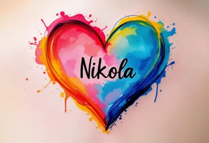 A colorful splashed heart, with vibrant hues of red, pink, blue, and yellow, and the name "Nikola" boldly displayed in a black modern sans-serif font. tattoo idea