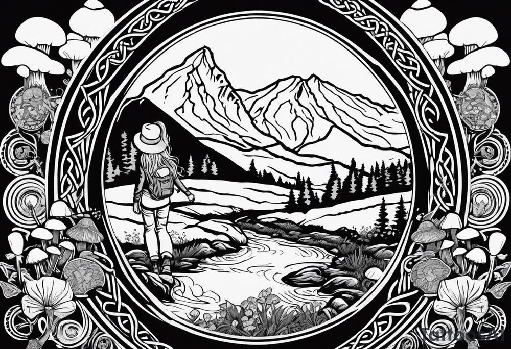 Whole picture encircled fully

Straight long blonde hair hippie girl in distance holding mushrooms in hand facing away toward mountains and creek surrounded by mushrooms long sleeve shirt and hiking pants; whole rendering within a full celtic circle border, no cut off circle tattoo idea
