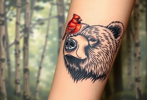 Cardinal sitting on a bear’s nose. The bear looks happy. Forest background tattoo idea