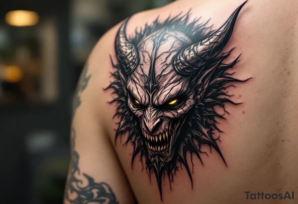 scary demon face with trident tattoo idea