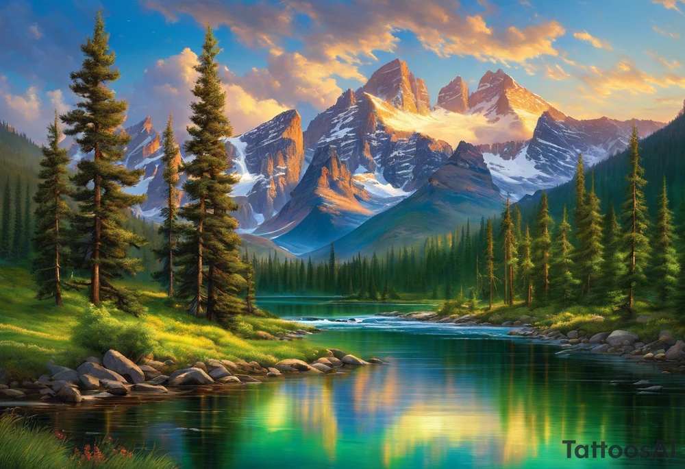 Imagine the majestic Rocky Mountains rising up in the background, their snow-capped peaks reaching towards the sky. Below them, a lush forest of pine trees spreads out, their deep green needles contrasting against the rugged terrain. In the foreground, a winding river flows through the landscape, its clear waters reflecting the colors of the setting sun.

Above, the sky transitions from the warm hues of sunset to the deep blues and purples of nightfall, fading into darkness speckled with stars. Among the stars, you could have a constellation resembling the momentous night you met her, perhaps even adding her zodiac sign for a personal touch.

In elegant script, the words "I knew the moment I saw her" could be woven into the design, perhaps following the contours of the river or nestled within the branches of a tree.

The overall effect would be a breathtaking scene capturing the beauty of Colorado's nature, combined with the sentiment of that special moment when your paths first crossed. tattoo idea