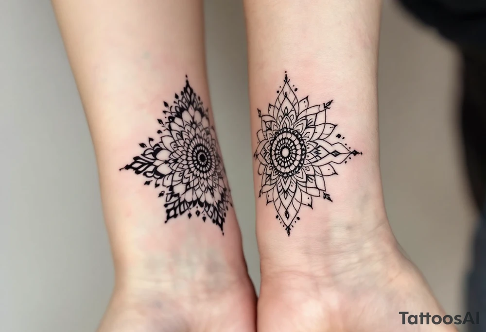 Intricate black half-mandala designs on the side of each partner hand form a whole when joined. tattoo idea