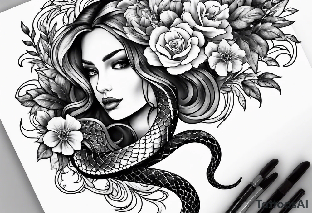 Snake and flowers tattoo idea