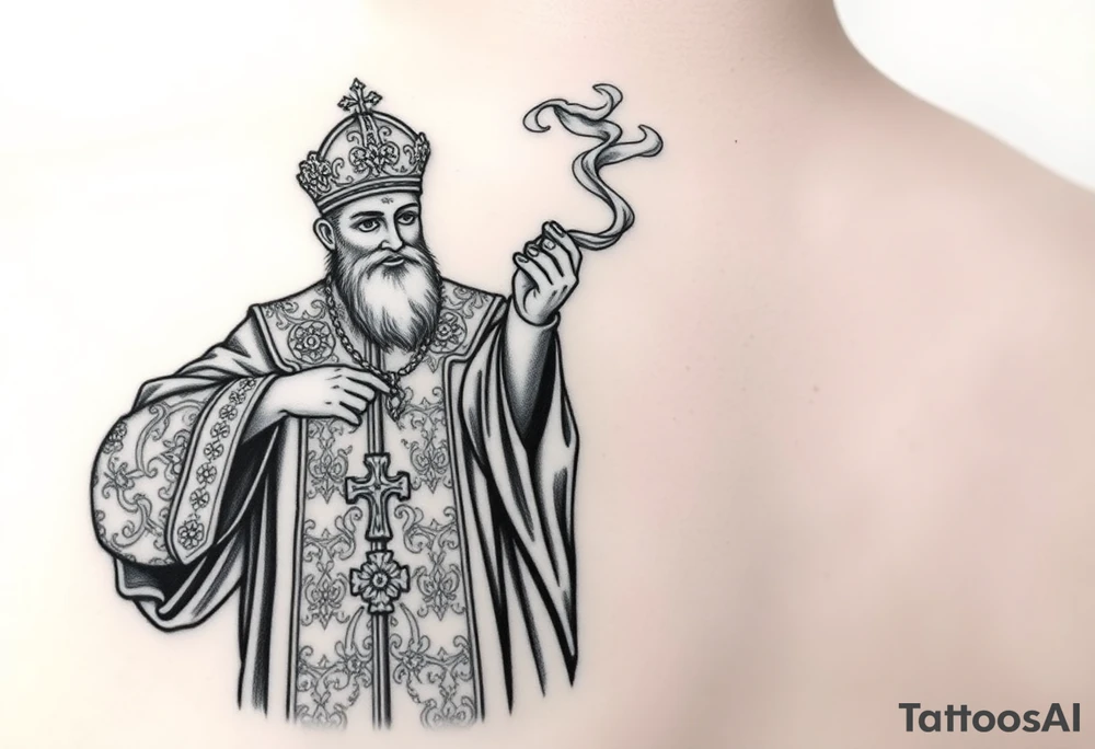 A Russian Orthodox Priest in full gold vestments swinging a censer with smoke curling upward 

The ornate robes give incredible fine line detail
The incense smoke could flow and connect to other elements
It ties directly into the church and Virgin Mary you already have
Very culturally authentic to the overall theme tattoo idea
