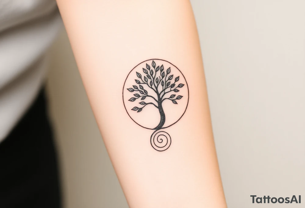 A tree in a circle,
 with fee leaves, with an outward  spiral as its roots tattoo idea