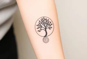 A tree in a circle,
 with fee leaves, with an outward  spiral as its roots tattoo idea