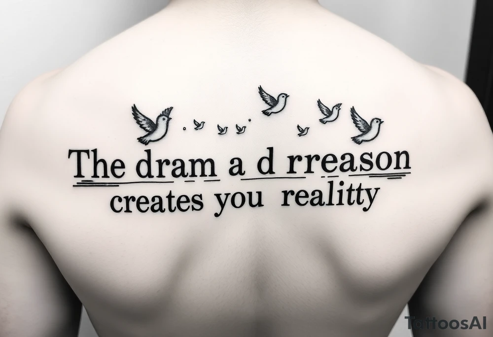 "Forearm text tattoo: phrase 'The dream of reason creates reality' in monospace font, where letters gradually transform into flying pixelated doves. Black ink only, glitch effect between words." tattoo idea