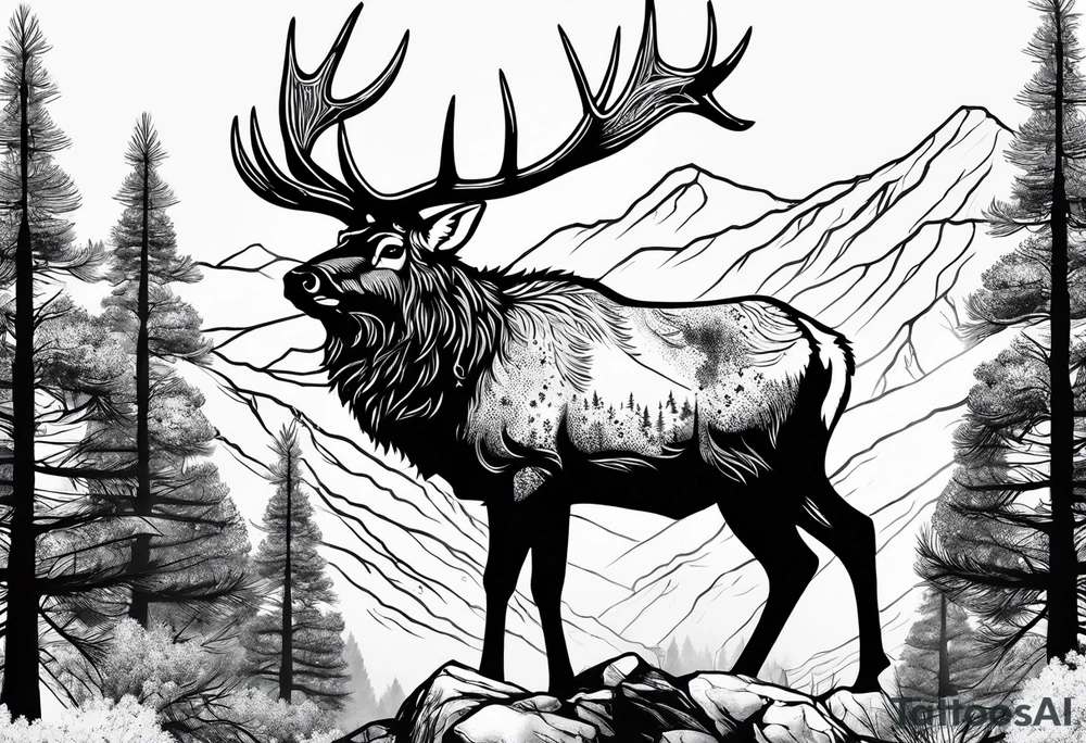 pine tree moutain elk sleeve tattoo idea