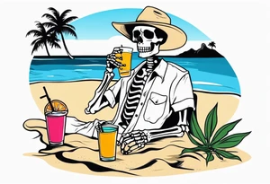 skeleton wearing a button up hawaiian shirt relaxing on the beach with a drink tattoo idea