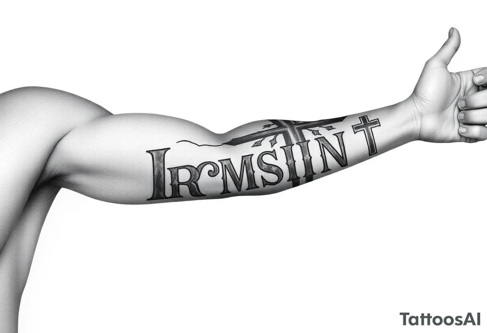 Make a tattoo that is on the left arm sleeve with Christianity and make big letters of Armando and then regular size letters with the name Kassie Brooke AJ Nova-Lee Ava-Lynn tattoo idea