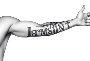 Make a tattoo that is on the left arm sleeve with Christianity and make big letters of Armando and then regular size letters with the name Kassie Brooke AJ Nova-Lee Ava-Lynn tattoo idea