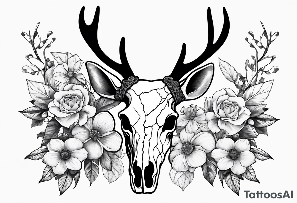 Reindeer skull and flower on horns tattoo idea